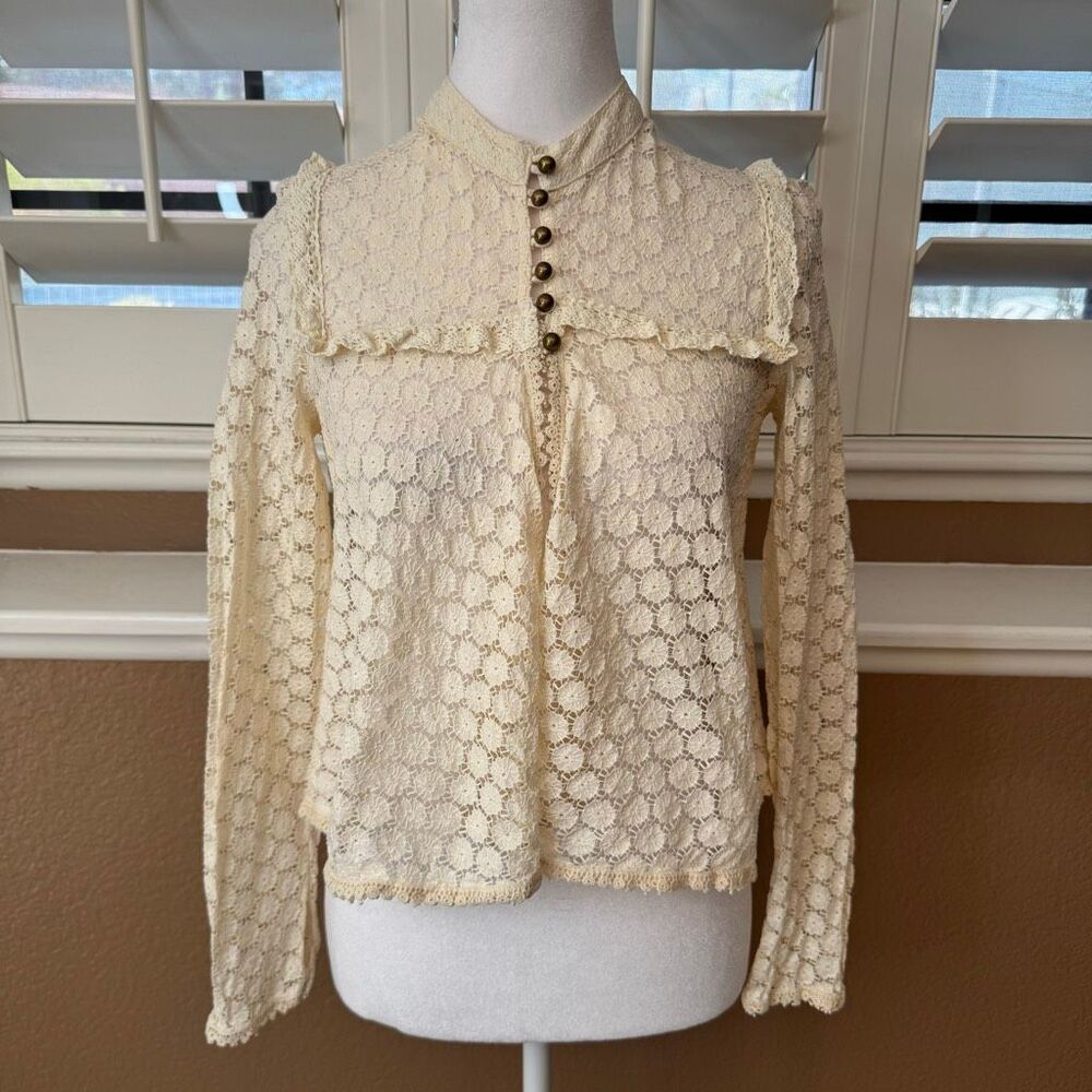 Free People Size XS High Neck Victorian Lace Blouse Cream Festival Cottagecore